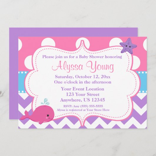 Paarse roze Chevron Whale Invitation Kaart (Voorkant / Achterkant)