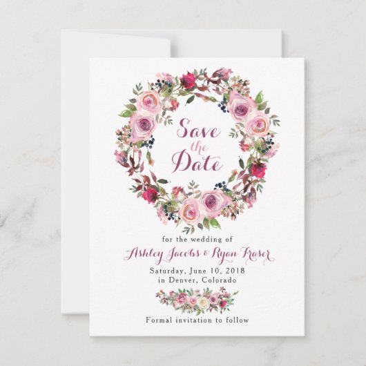 Paarse Roze Chique Roos Bloemen Bruiloft Save the  Date (Voorkant)