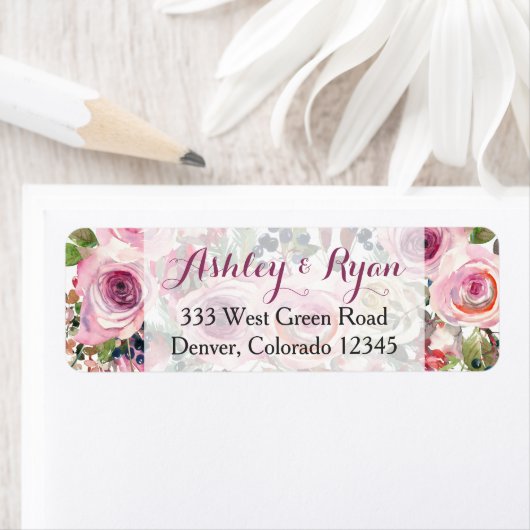 Paarse roze chique Roos bloemenbruiloft adreslabel Etiket (Insitu)