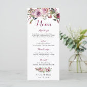 Paarse roze chique Roos bloemenbruiloft menu (Staand voorkant)