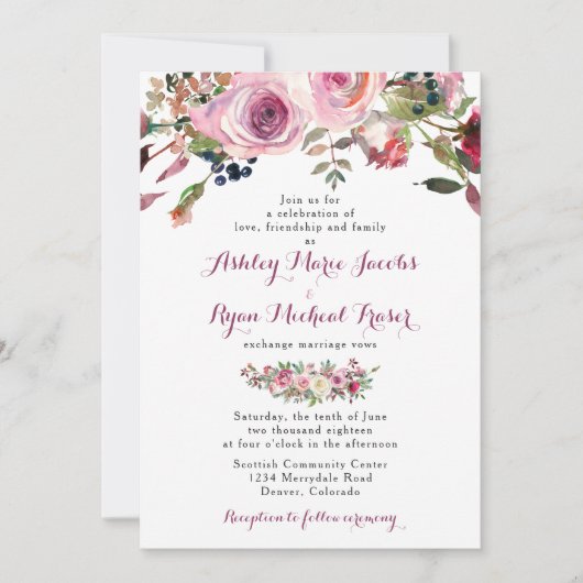 Paarse roze chique Roos bloemenbruiloft uitnodigin Kaart (Voorkant)