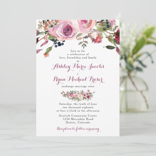 Paarse roze chique Roos bloemenbruiloft uitnodigin Kaart (Staand voorkant)