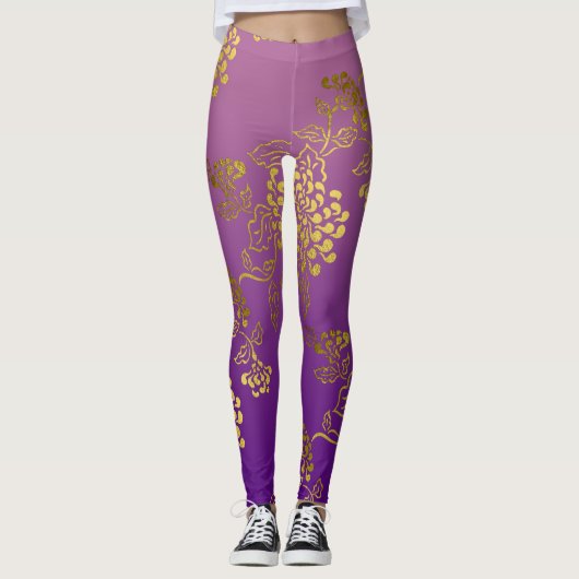 Paarse Roze Chrysanthemum Ombre Fade Leggings (Voorkant)