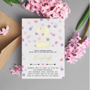 Paarse roze Confetti Toddler Kind Birthday Folie Uitnodiging