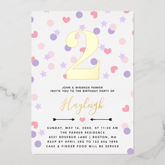 Paarse roze Confetti Toddler Kind Birthday Folie Uitnodiging (Voorkant)