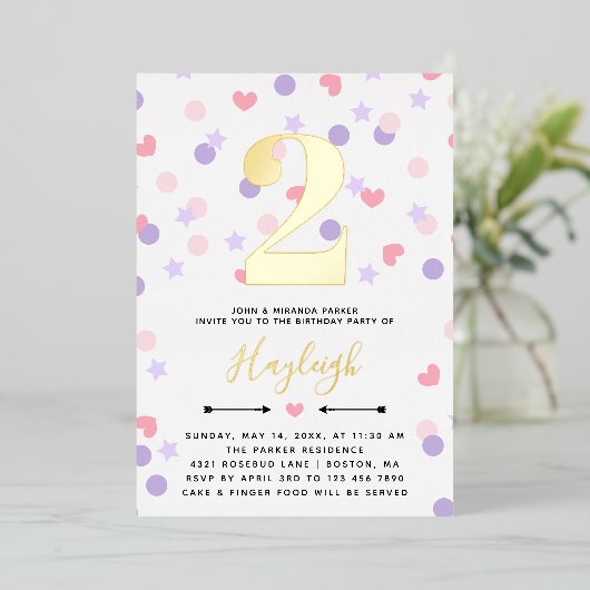 Paarse roze Confetti Toddler Kind Birthday Folie Uitnodiging (Staand Voorkant)