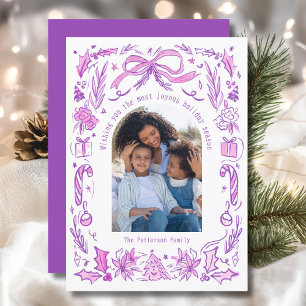 Paarse Roze Coquette Doodle Kerst Familie Foto Feestdagenkaart