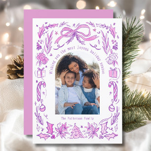 Paarse Roze Coquette Doodle Kerst Familie Foto Feestdagenkaart