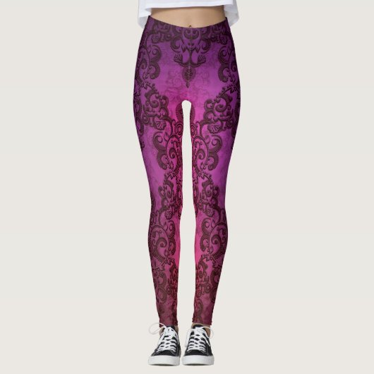 Paarse Roze Damask Boho Stijl Leggings (Voorkant)