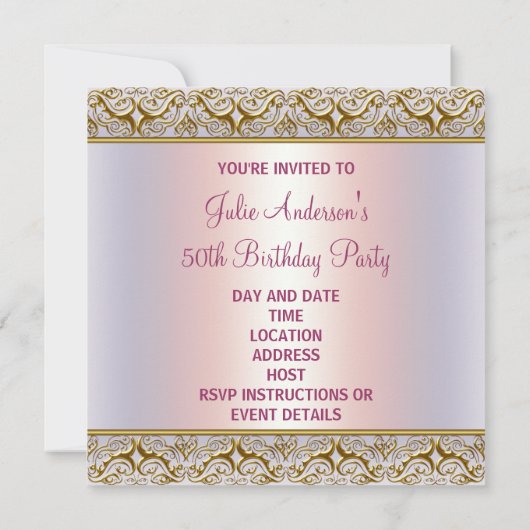 Paarse Roze Damask Vrouwen 50ste verjaardagsfeest Kaart (Achterkant)