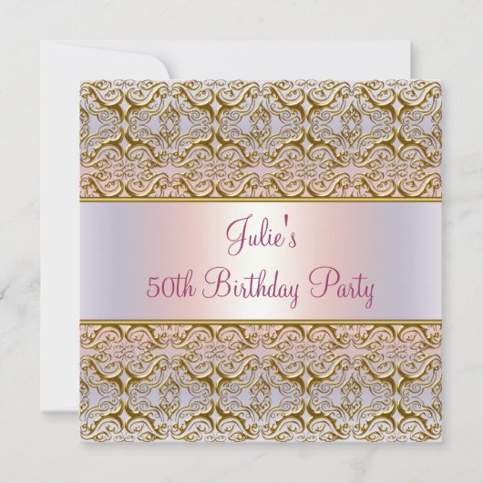 Paarse Roze Damask Vrouwen 50ste verjaardagsfeest Kaart (Voorkant)