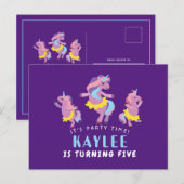 Paarse roze delende unicorn Kinder geboortedag Uitnodiging Briefkaart (Voorkant / Achterkant)