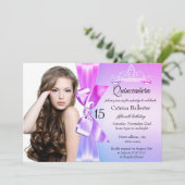 Paarse roze Diamond Bow Tiara Quinceanera Invite Kaart (Staand voorkant)