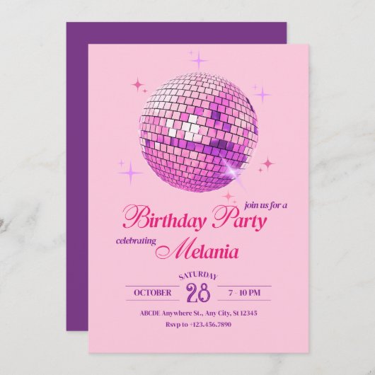Paarse roze disco feestverjaardag kaart (Voorkant / Achterkant)