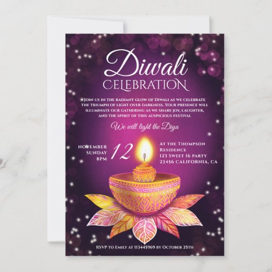 Paarse roze Diwali Lampen licht illustratiescript Kaart (Voorkant)