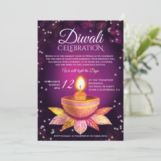 Paarse roze Diwali Lampen licht illustratiescript Kaart (Staand voorkant)