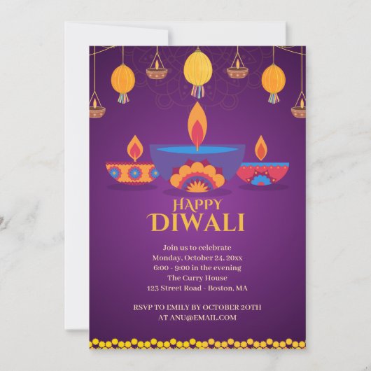 Paarse roze Diwali licht illustratie Kaart (Voorkant)
