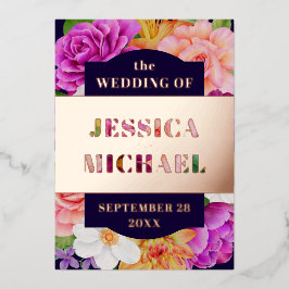 Paarse roze donkerblauwe Roos gouden bruiloft Folie Uitnodiging
