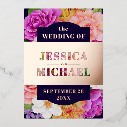 Paarse roze donkerblauwe Roos gouden bruiloft Folie Uitnodiging (Voorkant)