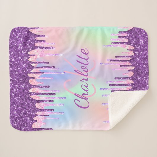 Paarse roze druppels holografische naam initiaal sherpa deken (Voorkant (horizontaal))