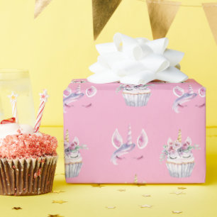 Paarse Roze Eenhoorn Bloemige Cupcakes Verjaardag Cadeaupapier