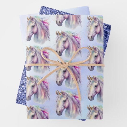 Paarse Roze Eenhoorn Glitter Sparkle Inpakpapier Vel (In situ)