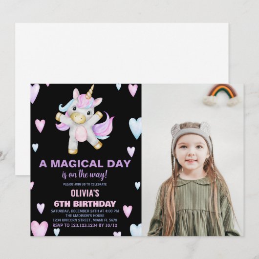 Paarse Roze Eenhoorn Verjaardag Uitnodigingen foto (Voorkant / Achterkant)