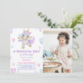 Paarse Roze Eenhoorn Verjaardag Uitnodigingen w fo (Staand voorkant)