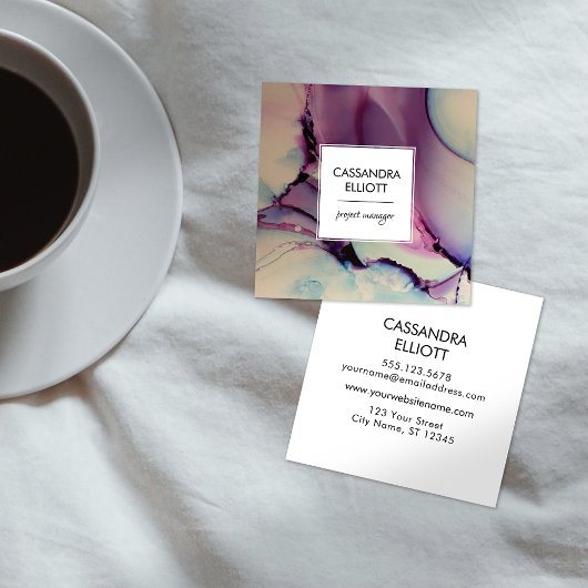 Paarse, roze en blauwe alcoholinkt Vloeibare kunst Vierkante Visitekaartje