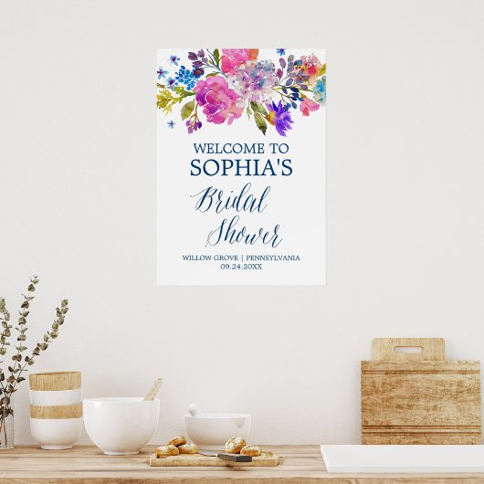 Paarse roze en blauwe bloemen Vrijgezellenfeest We Poster (Keuken)