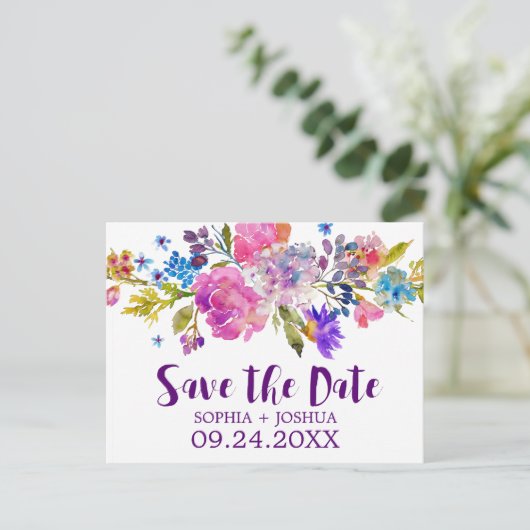 Paarse Roze en Blauwe Bloemen Weddenschap sparen d Aankondigingskaart (Staand voorkant)