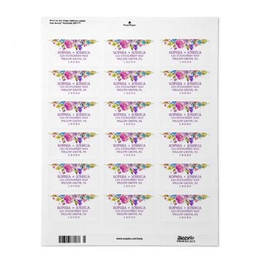 Paarse roze en blauwe Waterverf bloemen bruiloft Etiket (Full Sheet)