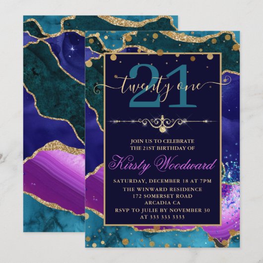 Paarse, roze en Blauwgroen goudglittergetijden Kaart (Voorkant / Achterkant)