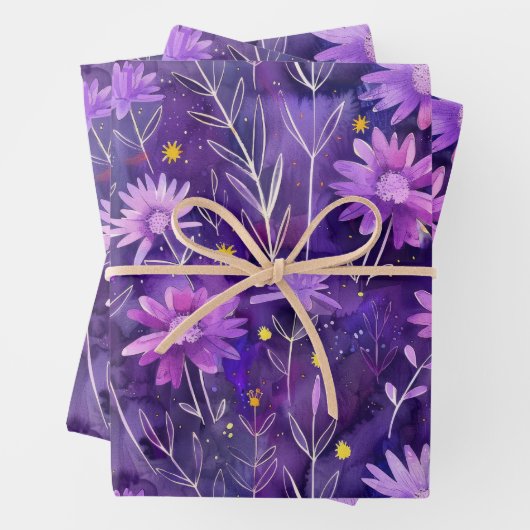 Paarse Roze en Gele Daisy Bloempatroon Inpakpapier Vel (In situ)