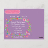 Paarse roze en groene Floral Wreath Wedding Briefkaart (Achterkant)