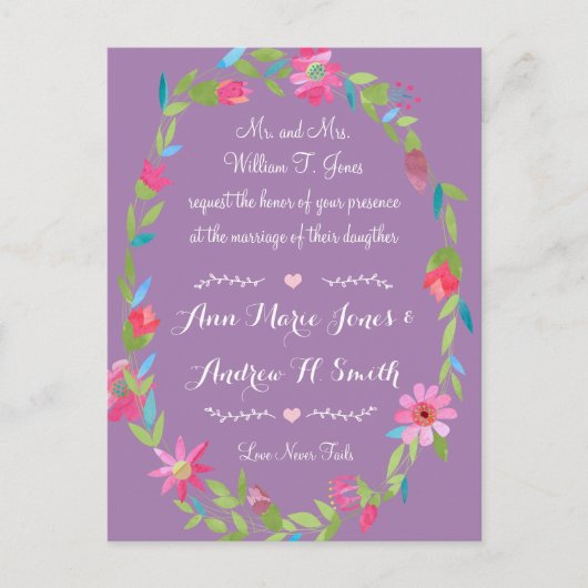 Paarse roze en groene Floral Wreath Wedding Briefkaart (Voorkant)