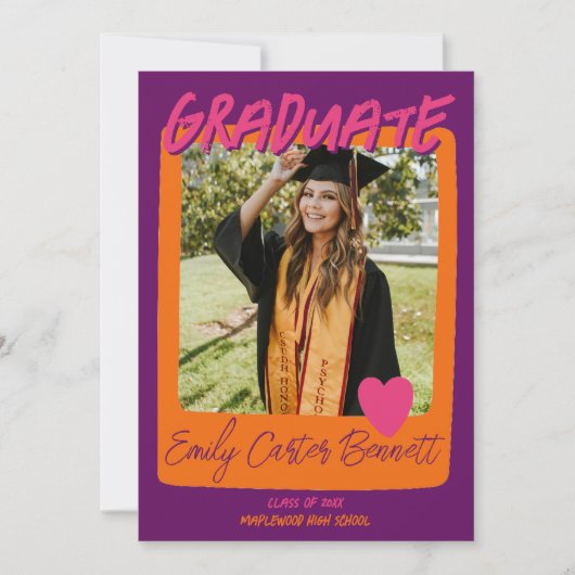 Paarse Roze en Oranje Foto Graduation Party Kaart (Voorkant)