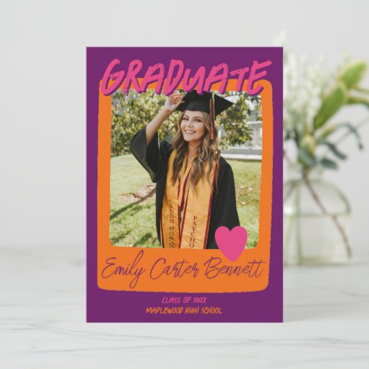 Paarse Roze en Oranje Foto Graduation Party Kaart (Staand voorkant)