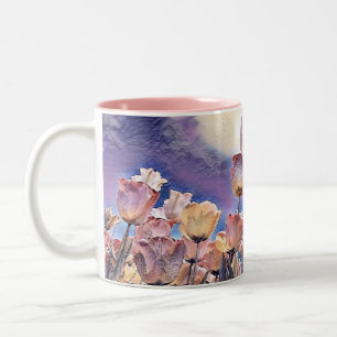 Paarse, roze en oranje tulpen tweekleurige koffiemok
