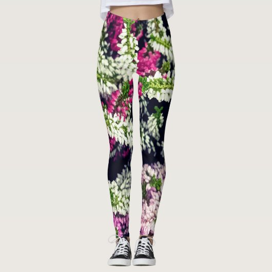 Paarse, roze en witte bloemen leggings (Voorkant)