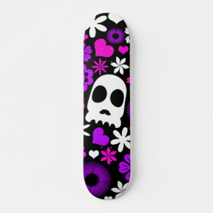 Paarse, roze en witte schedel en bloempatroon persoonlijk skateboard