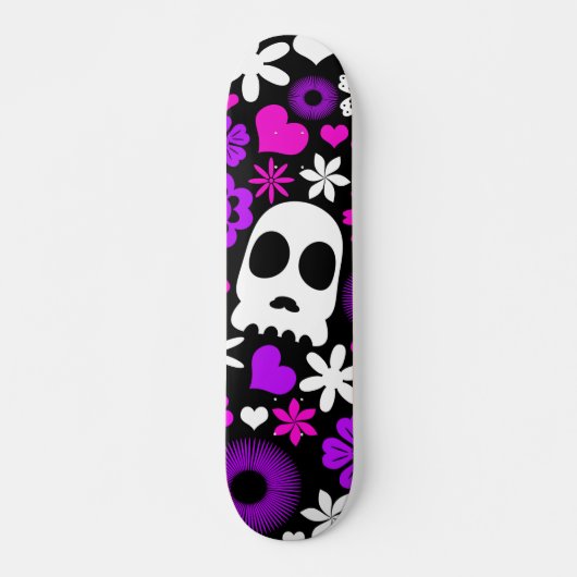 Paarse, roze en witte schedel en bloempatroon persoonlijk skateboard (Voorkant)