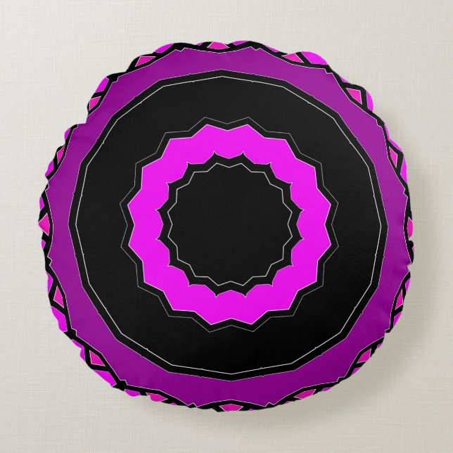Paarse roze en zwarte Kaleidoscoop Patroon Rond Kussen (Voorkant)