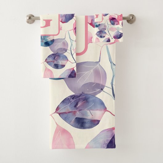 Paarse roze Eucalyptus Waterverf Bladeren monogram Bad Handdoek (Insitu)