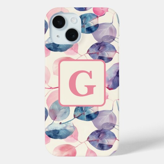 Paarse roze Eucalyptus Waterverf Bladeren monogram Case-Mate iPhone Case (Achterkant)