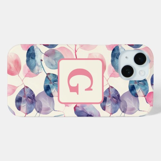 Paarse roze Eucalyptus Waterverf Bladeren monogram Case-Mate iPhone Case (Achterkant (horizontaal))