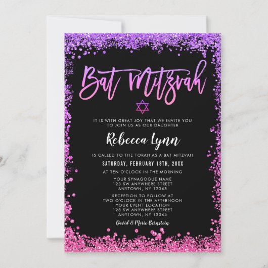 Paarse roze faux glitter bat Mitzvah Kaart (Voorkant)