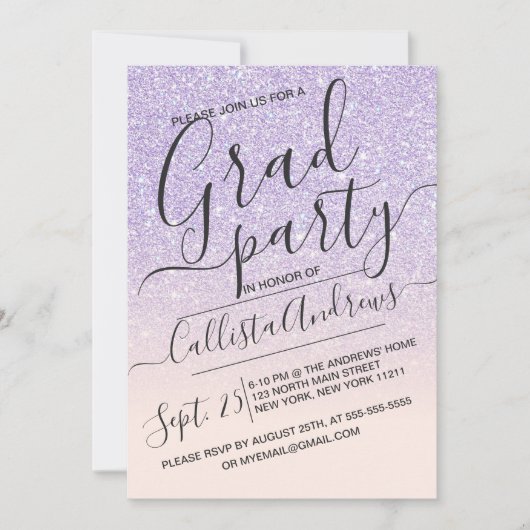 Paarse Roze Faux Sparkly Glitter Ombre Afstuderen Kaart (Voorkant)