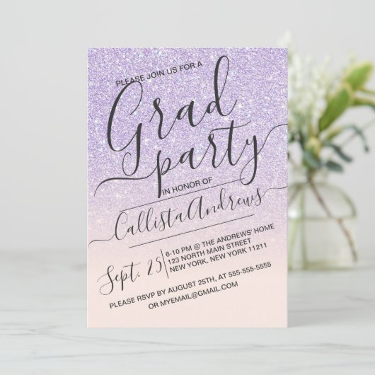 Paarse Roze Faux Sparkly Glitter Ombre Afstuderen Kaart (Staand voorkant)