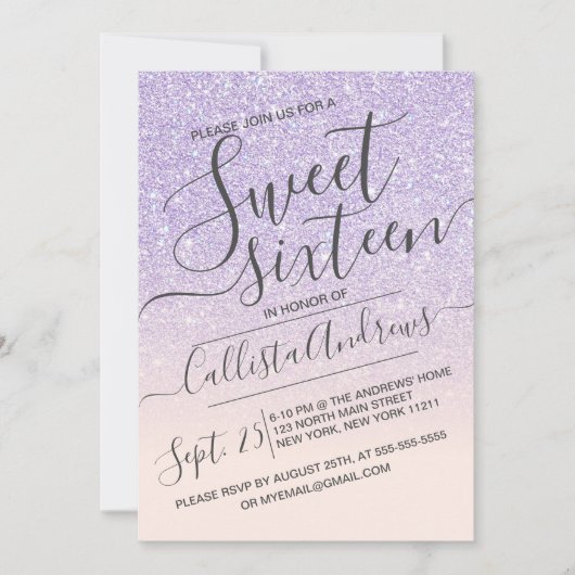Paarse Roze Faux Sparkly Glitter Ombre Sweet 16 Kaart (Voorkant)